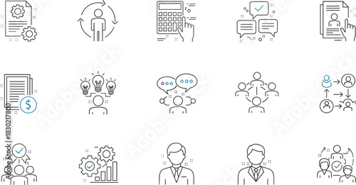 Business icons, teamwork, leadership, HR, finance, communication, performance metrics, innovation, document management