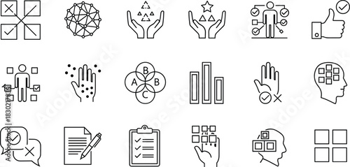 Decision icons, analysis symbols, evaluation tools, task management, feedback, checklist, cognitive process, Venn diagram,