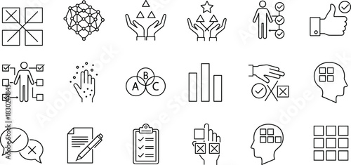 Decision-making icons, evaluation symbols, cognitive process, analysis, checklist, chart, Venn diagram, thumbs up, document, head