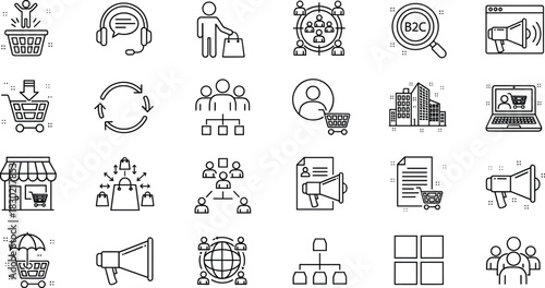 E-commerce icons, marketing symbols, customer service, shopping cart, megaphone, organizational chart, B2C, storefront, lapto