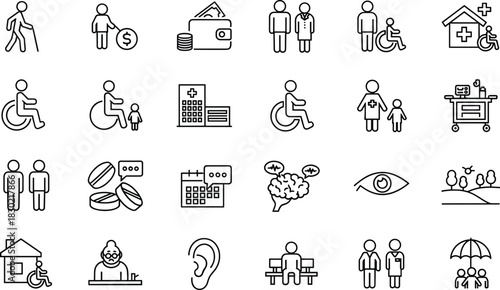 Elderly care icons, healthcare, accessibility, medical support, financial aid, home care, vision, hearing, calendar, medication, mental 