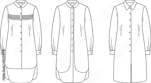 Shirt dress fashion sketch, collar and hem variation, front view flat template, cad drawing flat vector illustration design