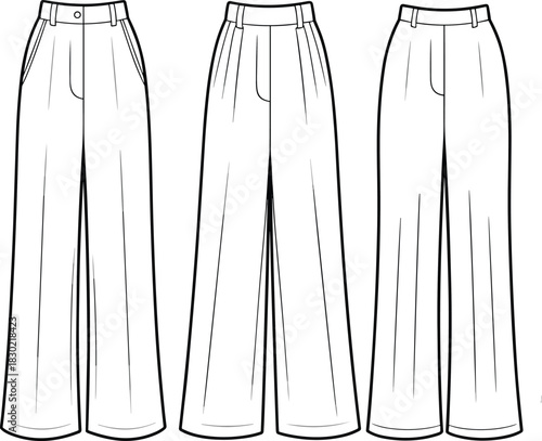Wide-leg trousers fashion sketch, high waist silhouette, pleated front flat template, cad drawing flat vector illustration design