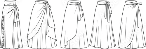 Long skirt fashion sketch, wrap drape design, high waist silhouette, garment flat template, cad drawing flat vector illustration