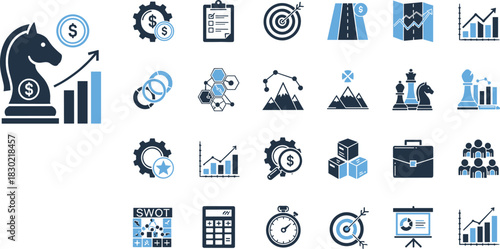 Business strategy icons set featuring finance, teamwork, planning, analysis, goals, and performance tools in modern blue vector style.