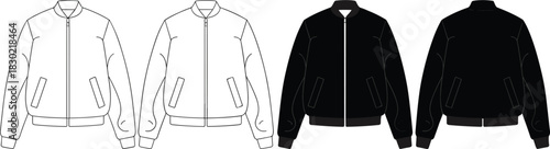 Bomber jacket technical sketch, fashion flat template, front view CAD drawing, vector outline and silhouette, apparel design illustration, cad drawing flat vector