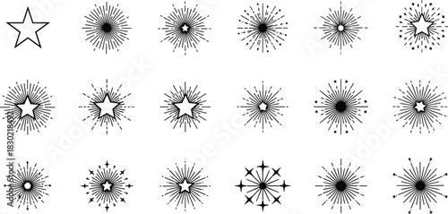Evolution of geometric star symbols in decorative grid pattern showcasing symmetry, complexity, radial balance, and abstract ornamental design elements