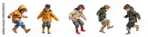 Five children in winter clothing jumping and playing.
