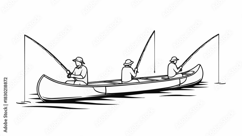 Obraz premium Three Fishermen in a Canoe Enjoying a Day of Fishing.