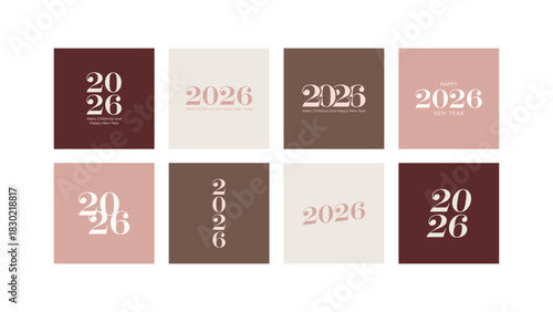 Minimalist 2026 greeting card set with modern typography and warm earth tone color palette. Trendy 2026 postcard template set in stylish earth tone colors for holiday greeting