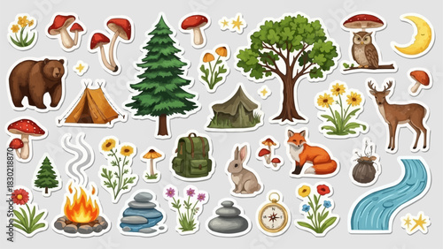 Vibrant collection of forest animal and camping themed stickers.