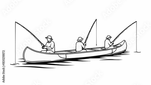 Three Fishermen in a Canoe Enjoying a Day of Fishing.