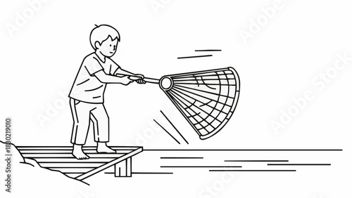Young boy fishing with a net from a wooden dock.