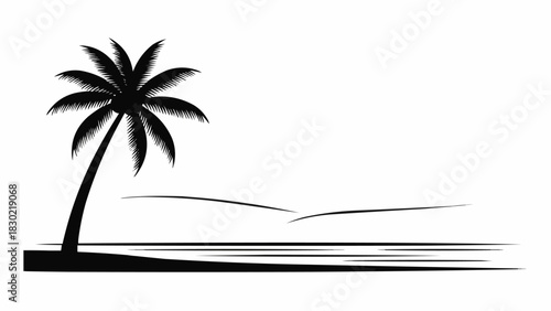 Silhouette of a palm tree on a beach with a minimalist design.