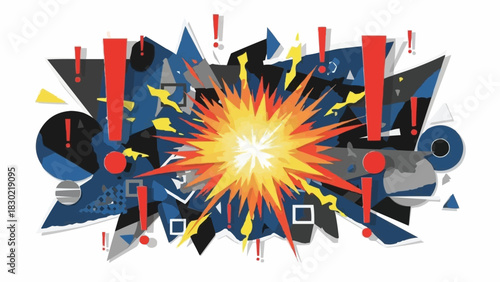 Abstract explosion with geometric shapes and exclamation marks.