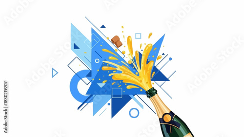 Champagne Bottle Explosion with Geometric Shapes.