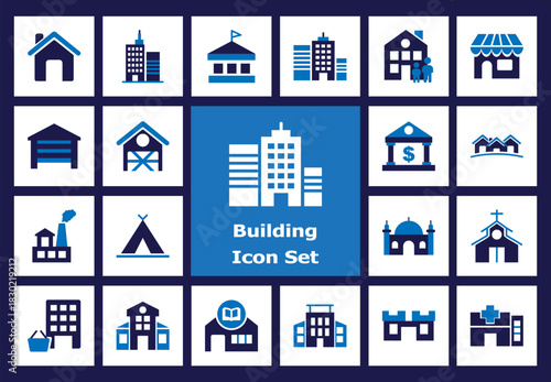 Architectural and City Flat Color Icon Set: Houses, Skyscrapers, Banks, Schools, and Municipal Building Pictograms. Modern Vector Graphics.
