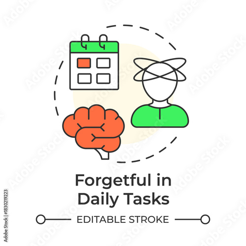 Forgetful in daily tasks multi color concept icon. Mental health, medical condition. Memory problem. Round shape line illustration. Abstract idea. Graphic design. Easy to use in blog post, booklet
