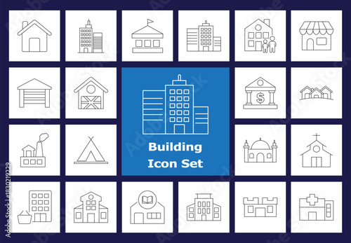 Minimal Building and Architecture Line Icon Set: Residential, Commercial, Government, and City Structure Outline Symbols. Vector Graphics.