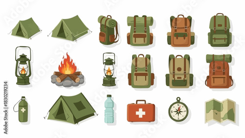 Collection of Camping and Hiking Gear Illustrations.