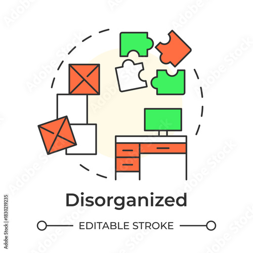 Disorganized multi color concept icon. Task management, workflow organization. Workload control. Round shape line illustration. Abstract idea. Graphic design. Easy to use in blog post, booklet