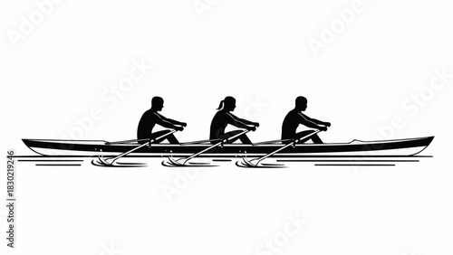 Silhouette of a three person rowing team in a scull boat.