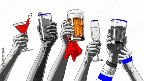 Hands holding various drinks in a celebratory toast.