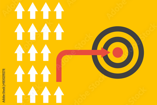white arrows group in one direction and red arrow with different way, business innovations or new strategy vector concept