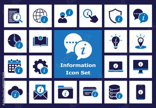 Data, Assistance, and Information Flat Color Icon Set: Support, Analytics, Privacy, Documents, and Idea Pictograms. Modern Blue Vector Pack.