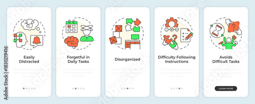 Inattentive adhd onboarding mobile app screen. Task management. Walkthrough 5 steps editable graphic instructions with linear concepts. UI, UX, GUI. Montserrat SemiBold, Regular fonts used
