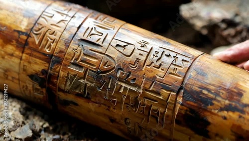 Ancient Hieroglyphic Inscriptions on a Wooden Artifact, Touched by a Hand.