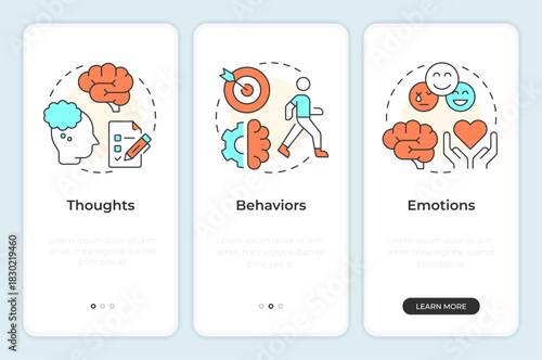 CBT therapy onboarding mobile app screen. Mental health. Walkthrough 3 steps editable graphic instructions with linear concepts. UI, UX, GUI. Montserrat SemiBold, Regular fonts used