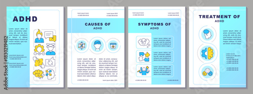 ADHD symptoms brochure layout. Neurological disorder, brain development. Leaflet advertising design with color line icons. Editable 4 pages. Arial-Black, Myriad Pro-Regular fonts used