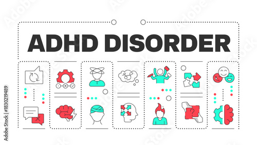 ADHD disorder word concept isolated on white. Brain injury, psychological health. Stress therapy. Creative illustration banner surrounded by editable line colorful icons. Hubot Sans font used