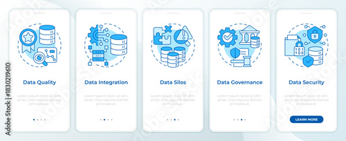 Challenges of bi blue onboarding mobile app screen. Business intelligence. Walkthrough 5 steps editable graphic instructions with linear concepts. UI, UX, GUI. Montserrat SemiBold, Regular fonts used