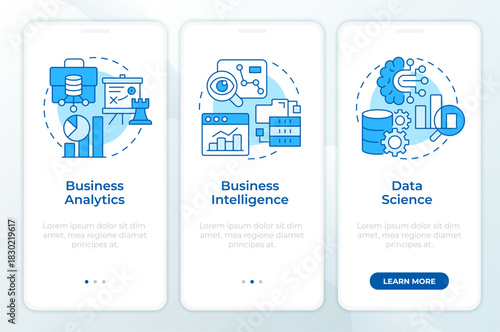 Business statistical techniques blue onboarding mobile app screen. Walkthrough 3 steps editable graphic instructions with linear concepts. UI, UX, GUI. Montserrat SemiBold, Regular fonts used