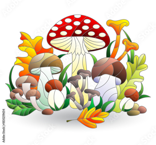 Set of stained glass illustrations with a mushroom composition, isolated on a white background