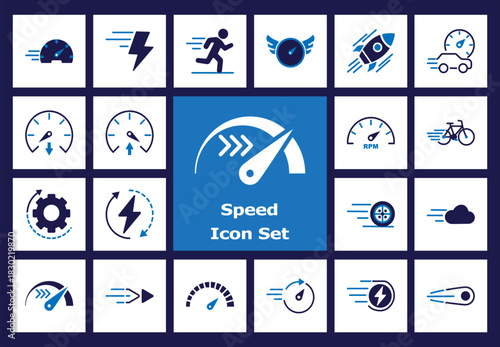 Fast Pace and Performance Flat Color Icon Set: Speedometers, Momentum, Turbo, Quick Service, and Acceleration Pictograms. Modern Blue Vector Pack.