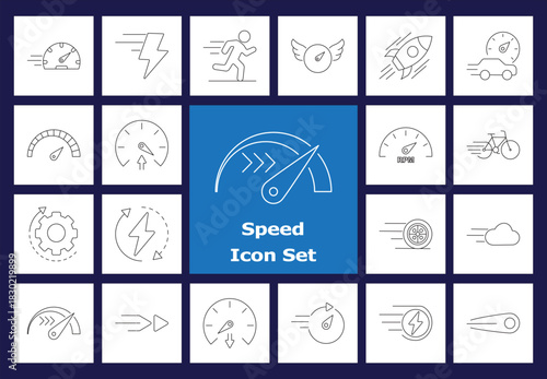 Velocity and Performance Line Icon Set: Speedometer, Running, Racing, Quickness, Energy, and Fast Delivery Outline Symbols. Vector Graphics.