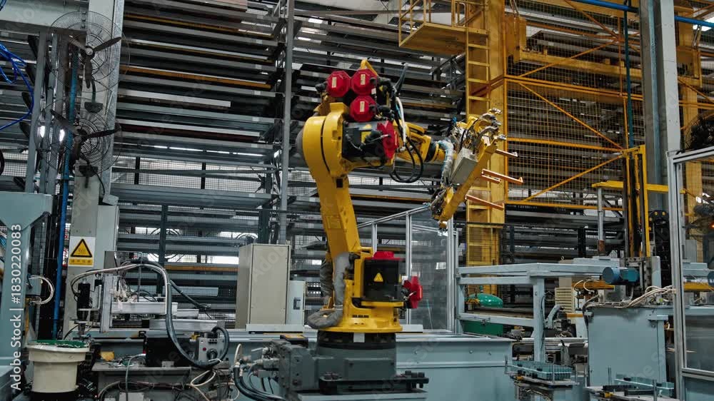 Automated Robotic Arm Operates in High Tech Factory. Technology ...