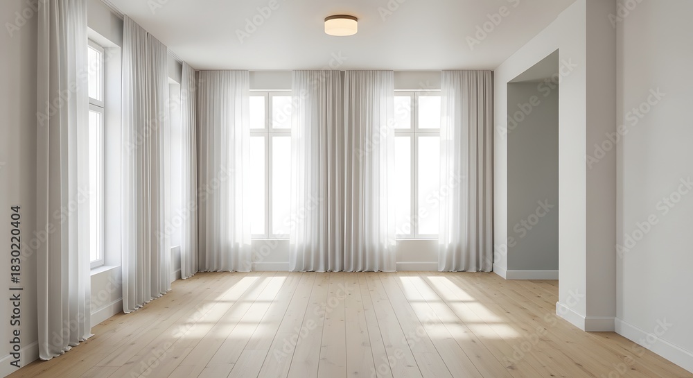 Fototapeta premium Empty white room with a hight window, wooden floor and clean white walls