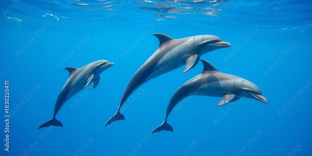 Obraz premium Three bottlenose dolphins swimming gracefully in ocean, group, water