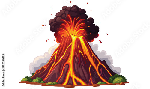 Dynamic volcano eruption illustrations with glowing lava, smoke, fire, and magma flow — perfect for educational use, digital design, and natural disaster artwork.