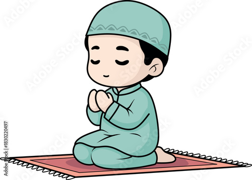 Kawaii Muslim Boy Praying Illustration – Cute Islamic Character