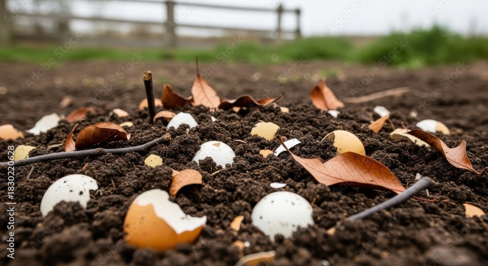 Obraz premium Eggshells composting in fertile soil with dried leaves outdoors