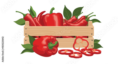 Freshly harvested red bell peppers and spicy chili peppers, including whole and sliced pieces, displayed in a wooden crate with green leaves.