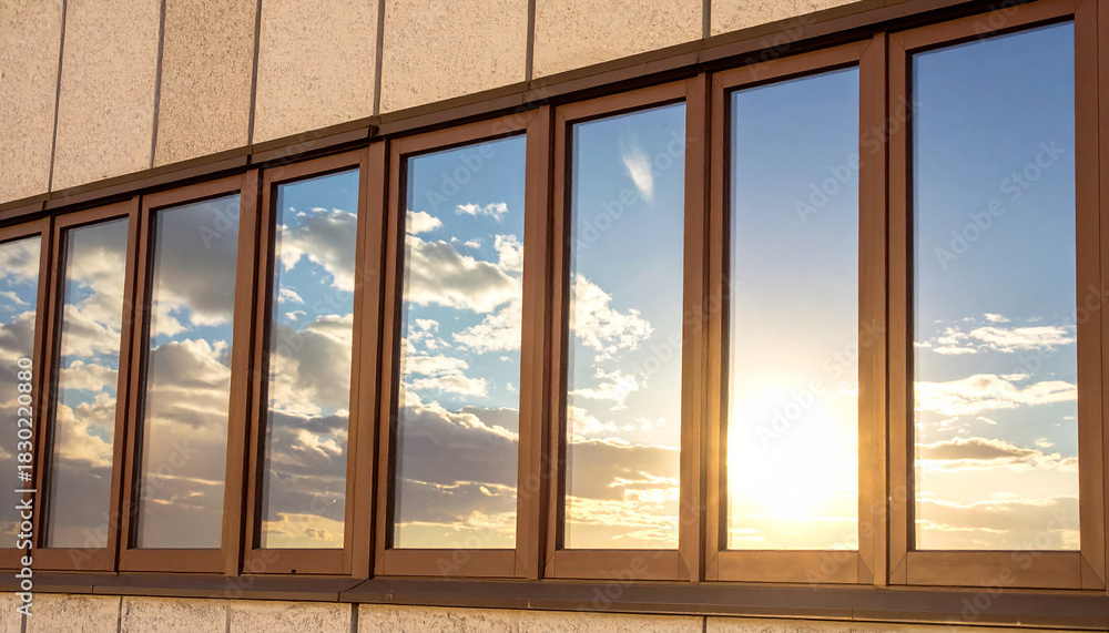 Fototapeta premium Building Windows Reflecting Sunset Sky with Clouds and Sun Keywords: building, windows