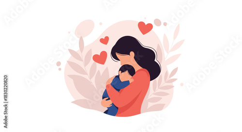 A loving mother gently cradling her baby, surrounded by floating hearts, depicting the tender bond and affection between a parent and child.