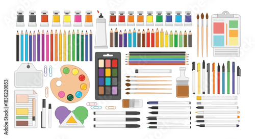 A diverse collection of colorful art supplies, including paints, pencils, markers, and brushes, neatly arranged for creative projects.