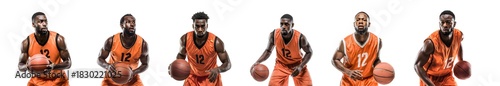 Six basketball players in orange uniforms holding basketballs on a white background.